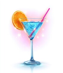Refreshing blue cocktail with orange slice and pink straw isolated