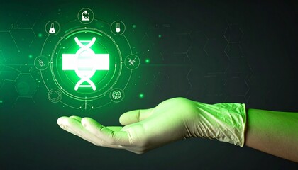 Digital Healthcare Innovation: Hand in Glove Interacts with Glowing DNA and Medical Cross Hologram.