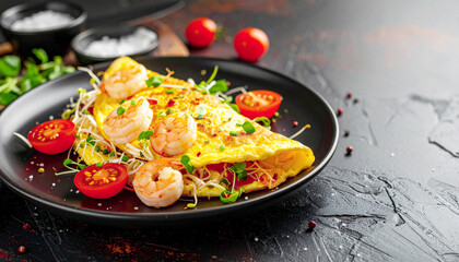 American style brunch, tomato, cheese, shrimp, and bean sprouts omelet. AI