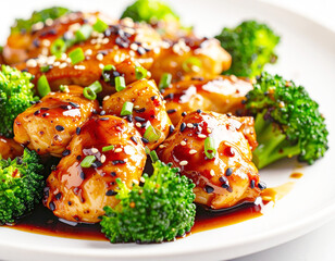 Teriyaki chicken with broccoli, white plate, macro. AI