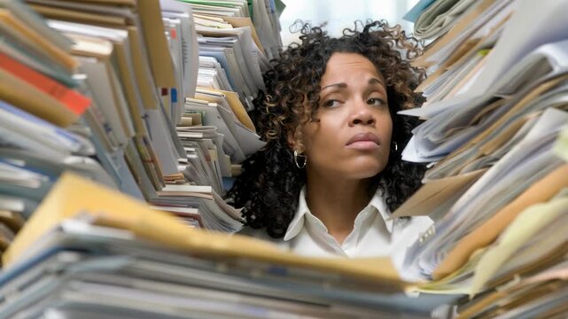 A woman navigating through a chaotic sea of paperwork and documents in a crowded workspace.