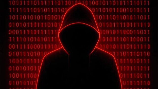 A mysterious figure in a hooded cloak stands against a backdrop of binary code, representing cybersecurity and digital privacy themes.