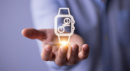 Businessman holding a glowing virtual interface of a smartwatch. Concept of futuristic wearable technology, time management and innovation