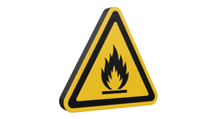 Yellow Fire Hazard Warning Sign with Black Flame Symbol on White Background