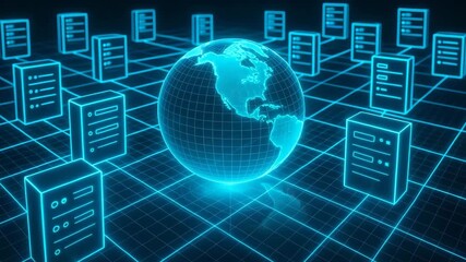 A futuristic digital representation of the globe surrounded by server structures, symbolizing global connectivity and data exchange. - Powered by Adobe