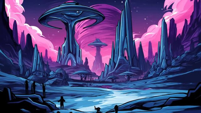 Futuristic landscape with vibrant colors and alien structures concept