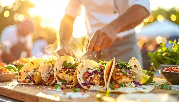 Chef preparing and seasoning grilled fish or shrimp tacos outdoors during a sunny summer festival or casual party setting.
