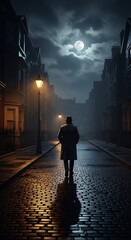 Lonely Night Stroll Through Cobblestone Alley.