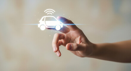 Close up of a finger selecting a connected self-driving car on a virtual interface, representing innovation in autonomous transportation