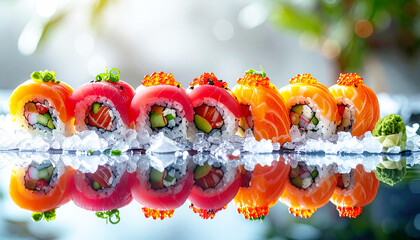Assorted sushi rolls on melting ice, reflection in the water. AI