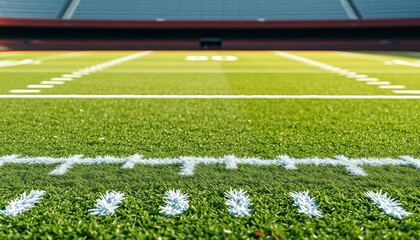 Close-up of football game field markings, showing yard lines and end zone,   American football field,  field goal