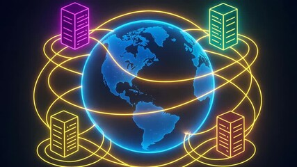A vibrant digital illustration depicting a connected globe with servers, symbolizing global data exchange and communication. - Powered by Adobe