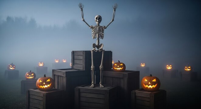A skeleton stands among crates with lit pumpkins in foggy outdoors