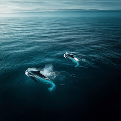 Naklejka premium Two dolphins swimming in the ocean. The water is blue and the sky is cloudy