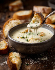 Close-up of a bowl of creamy cheese soup with croutons on a rustic wooden table.
