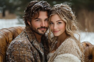 Couple sitting on snow-covered couch.