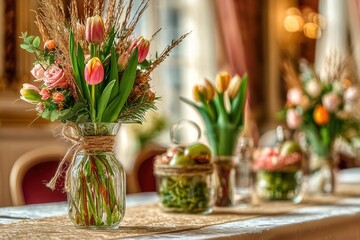 A beautiful floral arrangement in a clear glass vase sits on a table, complemented by other decorative items.