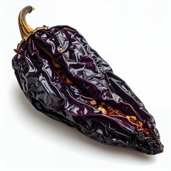 Dried ancho chili pepper showcasing its wrinkled texture and rich dark color on white