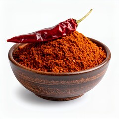 Vibrant red chili powder in ceramic bowl against crisp white backdrop showcasing color