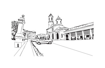 Print Building view with landmark of Kosice city. Hand drawn sketch illustration in vector.