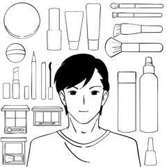 男性と化粧品の白黒イラストセット