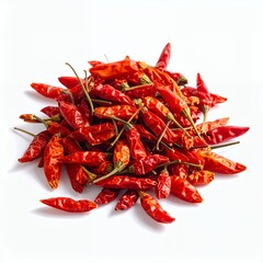 Pile of dried red chili peppers creating an eye catching culinary still life on white background