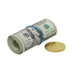 Pristine stack of uncirculated one hundred dollar bills with blue band and gleaming gold coin, isolated on transparent background, high-key studio lighting, concept of financial luxury