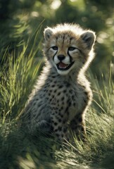 Obraz premium Smiling cheetah cub in natural habitat with green grass and soft sunlight