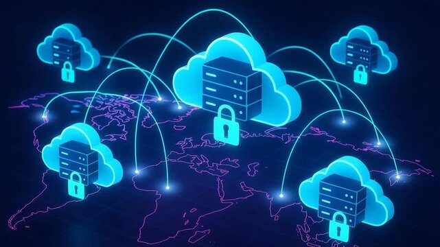 Illustration of cloud storage with secure servers connected globally, showcasing digital security and connectivity in modern technology. - Powered by Adobe