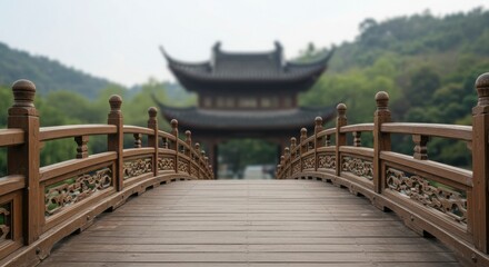 Obraz premium Entry shot of a Chinese curved wooden bridge with intricate railing designs