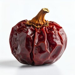 Studio capture of a dried chili pepper showcasing its intricate textures against white backdrop