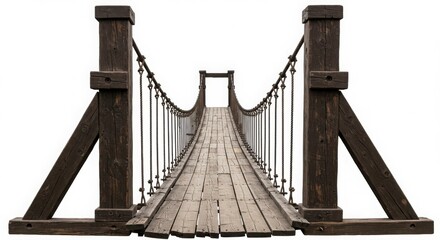 Fototapeta premium Rustic mountain-style wooden suspension bridge, photographed from the foot looking upward isolated on white background