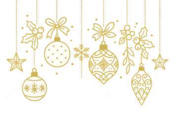 Christmas gold ornaments and winter holiday decorations hanging with holly, bows, stars, and snowflakes, transparent background