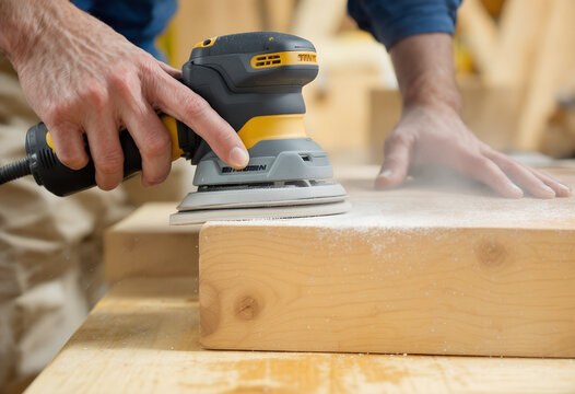 Carpenter sanding wood with orbital sander in workshop. - Powered by Adobe