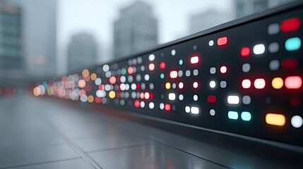 Futuristic Digital HUD Interface Macro Close Up Displaying Data Abstractly With City Background