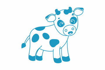Adorable baby cow with blue spots and outline stands on a white background