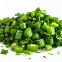 Freshly Chopped Chives Pile Displayed Against a Clean White Background