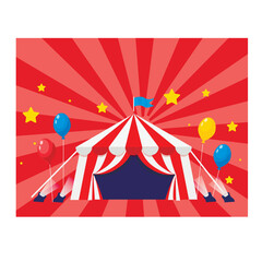 Colorful illustration Bright colors (red, blue, yellow), circus tent, stars, balloons and spotlights.