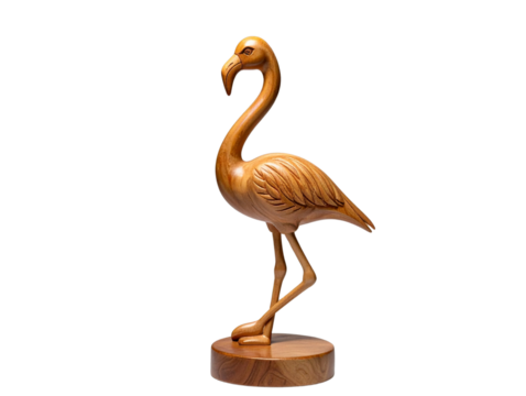 Hand-Carved Wooden Flamingo Figurine with Smooth Finish, Side View, Isolated on Transparent Background