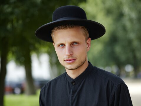 Young amish man wearing traditional hat outdoors