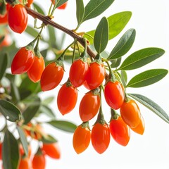 Vibrant Goji Berries Branch with Green Foliage Isolated on a White Background