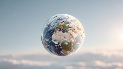 Futuristic Glowing Earth Hologram Floating Against Cloudy Blue Sky