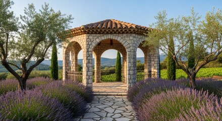 Obraz premium Picturesque stone gazebo surrounded by lavender and olive trees in a serene countryside setting