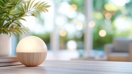 Illuminated Wooden Lamp Sits On Books Near Plant