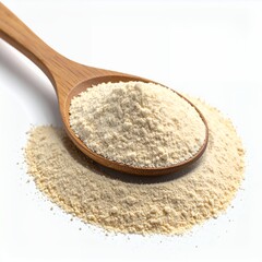 Wooden spoon filled with finely ground light beige powder against white backdrop