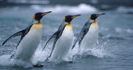 Fototapeta premium Three king penguins wading through water with splashing waves