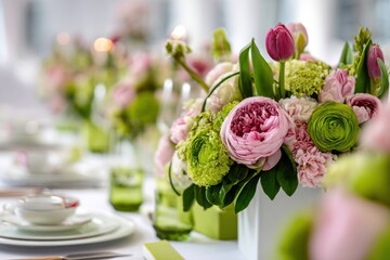 A beautiful floral arrangement with soft pinks, greens, and whites, graces a table setting.