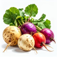A colorful assortment of fresh root vegetables presented on a stark white backdrop