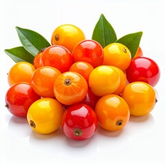 Lively arrangement of colorful shiny fruits with vibrant foliage against a white backdrop
