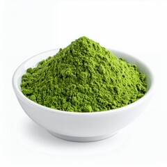 Bright green powder heap inside a brilliant white bowl set against a plain backdrop